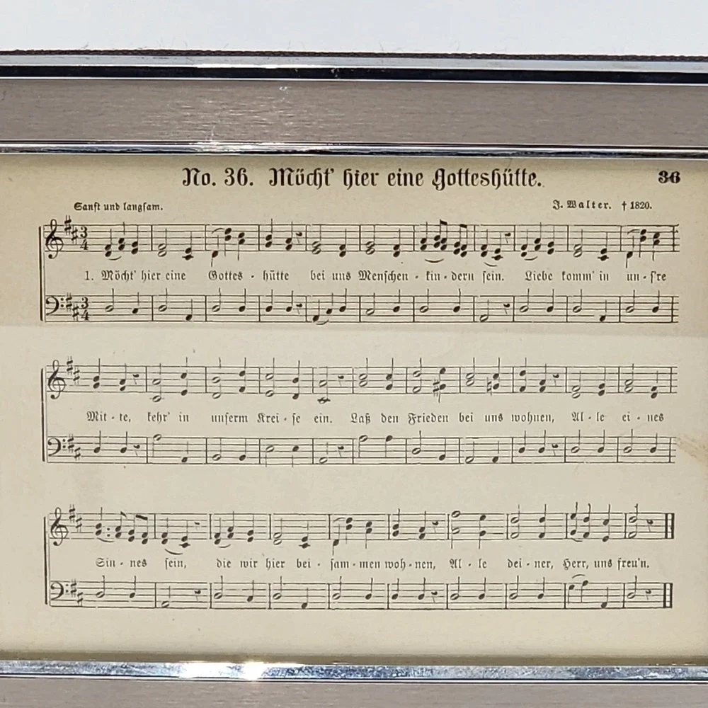 Vintage Brushed Silver Chrome Frame German Hymn Sheet Music No 36 Religious Art